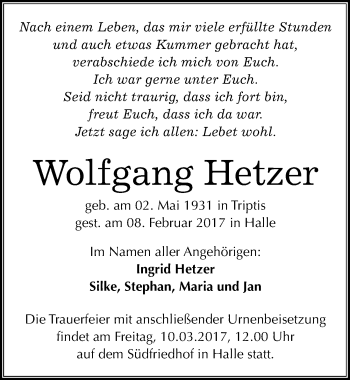 Traueranzeige von Wolfgang Hetzer von Mitteldeutsche Zeitung Halle/Saalkreis