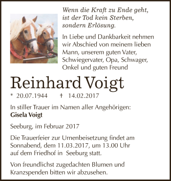 Traueranzeige von Reinhard Voigt von Super Sonntag SGH Mansf. Land