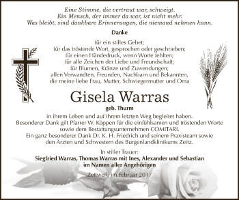 Traueranzeige von Gisela Warras von Super Sonntag Zeitz