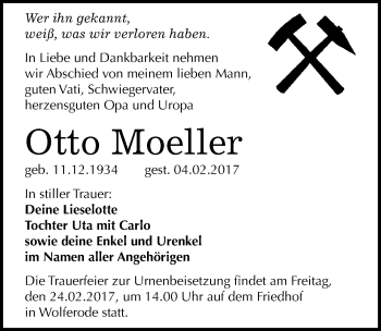 Traueranzeige von Otto Moeller von Mitteldeutsche Zeitung Mansfelder Land