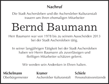 Traueranzeige von Bernd Baumann von Super Sonntag SGH Mansf. Land