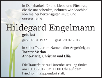 Traueranzeige von Hildegard Engelmann von Mitteldeutsche Zeitung Halle/Saalkreis