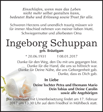 Traueranzeige von Ingeborg Schuppan von Mitteldeutsche Zeitung Bitterfeld