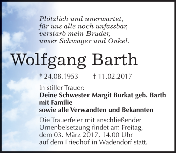Traueranzeige von Wolfgang Barth von Mitteldeutsche Zeitung Bitterfeld