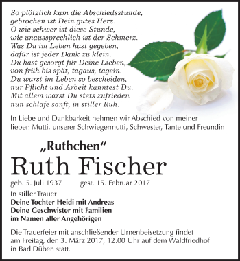 Traueranzeige von Ruth Fischer von Mitteldeutsche Zeitung Wittenberg