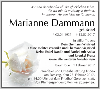 Traueranzeige von Marianne Dammann von Super Sonntag SGH Mansf. Land