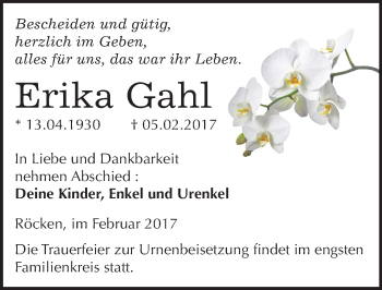 Traueranzeige von Erika Gahl von Mitteldeutsche Zeitung Weißenfels