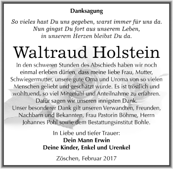 Traueranzeige von Waltraud Holstein von Mitteldeutsche Zeitung Merseburg/Querfurt
