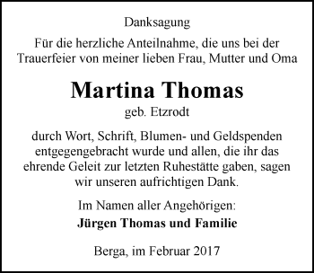 Traueranzeige von Martina Thomas von Mitteldeutsche Zeitung Sangerhausen