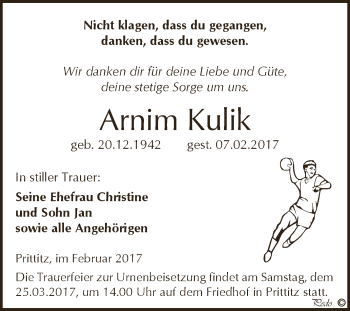 Traueranzeige von Arnim Kulik von WVG - Wochenspiegel NMB / WSF / ZTZ