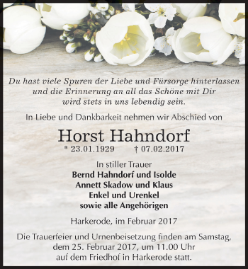 Traueranzeige von Horst Hahndorf von Mitteldeutsche Zeitung Mansfelder Land