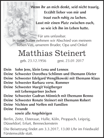 Traueranzeige von Matthias Steinert von Super Sonntag Zeitz