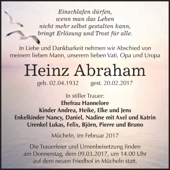 Traueranzeige von Heinz Abraham von Super Sonntag Halle