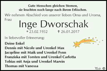 Traueranzeige von Inge Dworschak von Super Sonntag Zeitz