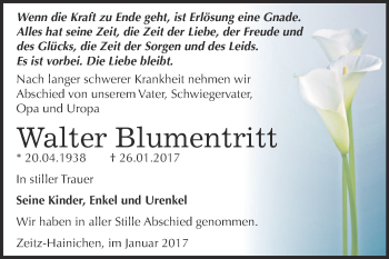 Traueranzeige von Walter Blumentritt von Super Sonntag Zeitz