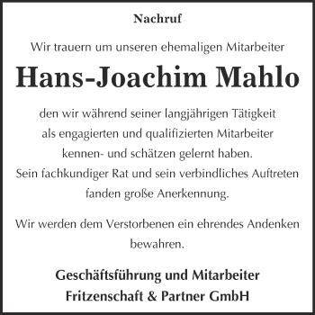 Traueranzeige von Hans-Joachim Mahlo von Super Sonntag Wittenberg