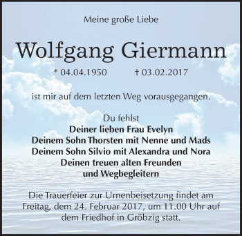 Traueranzeige von Wolfgang Giermann von Mitteldeutsche Zeitung Köthen