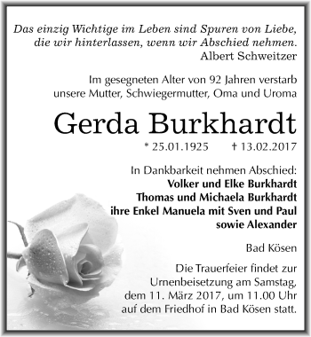 Traueranzeige von Gerda Burkhardt von Mitteldeutsche Zeitung Naumburg/Nebra