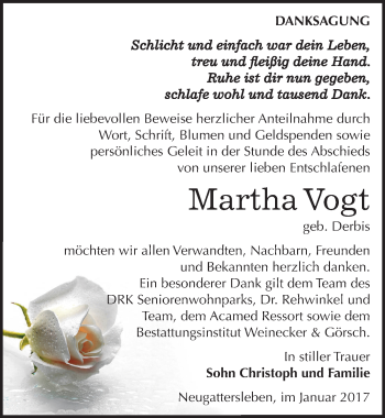 Traueranzeige von Martha Vogt von Mitteldeutsche Zeitung Bernburg