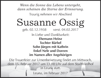 Traueranzeige von Susanne Ossig von Super Sonntag Halle