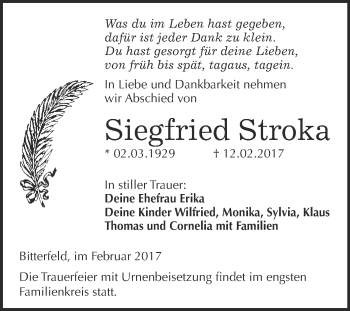 Traueranzeige von Siegfried Stroka von WVG - Wochenspiegel Bitterfeld