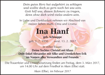 Traueranzeige von Ina Hanf von Mitteldeutsche Zeitung Köthen