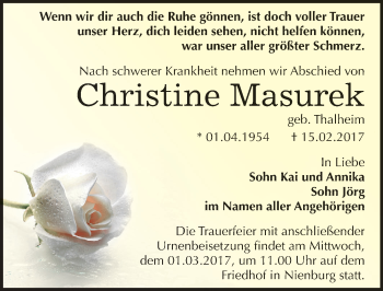 Traueranzeige von Christine Masurek von Mitteldeutsche Zeitung Bernburg