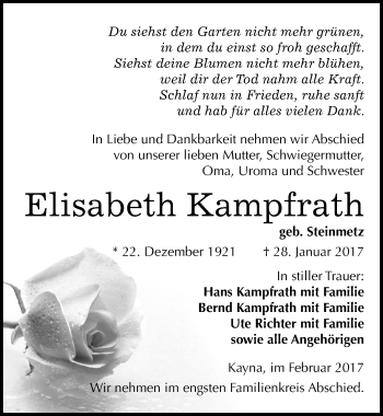 Traueranzeige von Elisabeth Kampfrath von Mitteldeutsche Zeitung Zeitz
