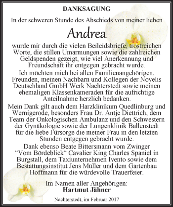 Traueranzeige von Andrea Jähner von Mitteldeutsche Zeitung Aschersleben