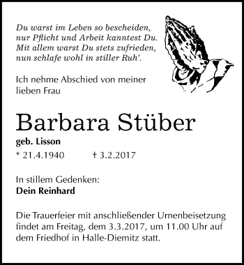 Traueranzeige von Barbara Stüber von Mitteldeutsche Zeitung