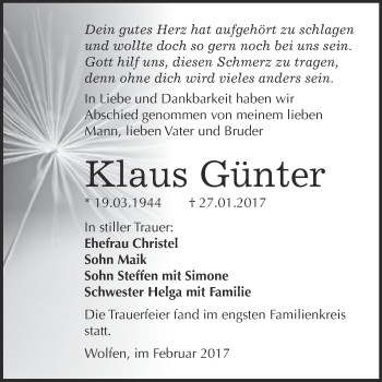 Traueranzeige von Klaus Günter von WVG - Wochenspiegel Bitterfeld
