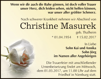 Traueranzeige von Christine Masurek von Super Sonntag Bernburg