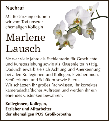 Traueranzeige von Marlene Lausch von WVG - Wochenspiegel NMB / WSF / ZTZ