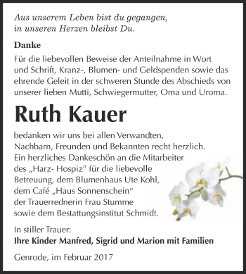Traueranzeige von Ruth Kauer von Super Sonntag Quedlinburg