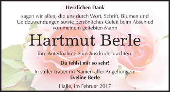 Traueranzeige von Hartmut Berle von Mitteldeutsche Zeitung Halle/Saalkreis