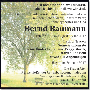 Traueranzeige von Bernd Baumann von Super Sonntag SGH Mansf. Land