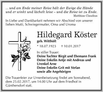 Traueranzeige von Hildegard Köster von Super Sonntag Halle