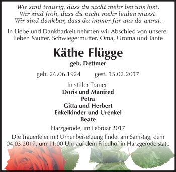 Traueranzeige von Käthe Flügge von Mitteldeutsche Zeitung Quedlinburg