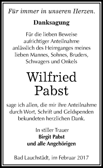 Traueranzeige von Wilfried Pabst von Super Sonntag Halle