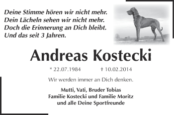 Traueranzeige von Andreas Kostecki von WVG - Wochenspiegel Dessau / Köthen