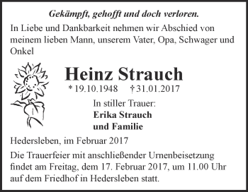 Traueranzeige von Heinz Strauch von Super Sonntag Quedlinburg