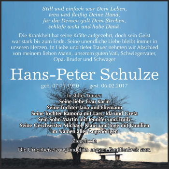 Traueranzeige von Hans Peter Schulze von Super Sonntag Halle