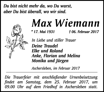 Traueranzeige von Max Wiemann von Super Sonntag SGH Mansf. Land