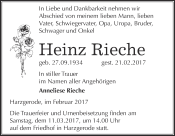 Traueranzeige von Heinz Rieche von Super Sonntag Quedlinburg