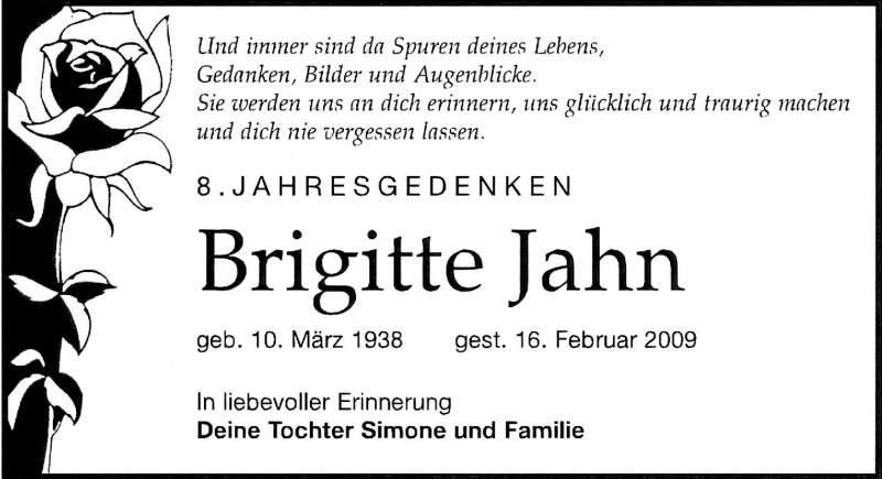  Traueranzeige für Brigitte Jahn vom 16.02.2017 aus Mitteldeutsche Zeitung Halle/Saalkreis