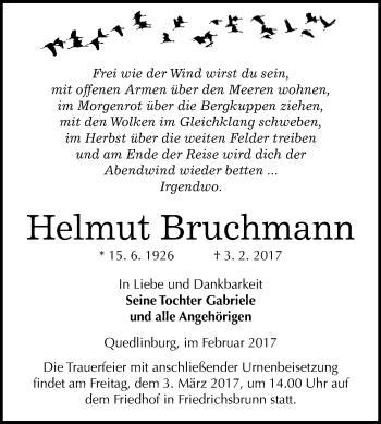 Traueranzeige von Helmut Bruchmann von Super Sonntag Quedlinburg