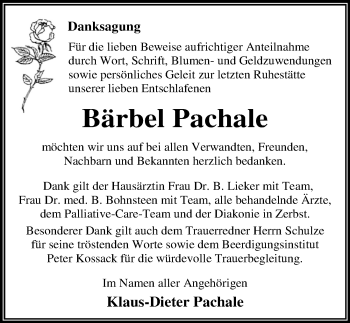 Traueranzeige von Bärbel Pachale von Mitteldeutsche Zeitung Dessau-Roßlau