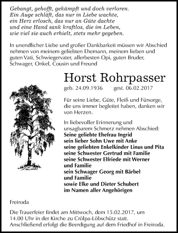 Traueranzeige von Horst Rohrpasser von Mitteldeutsche Zeitung Naumburg/Nebra