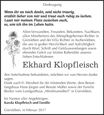 Traueranzeige von Ekhard Klopfleisch von Super Sonntag SGH Mansf. Land