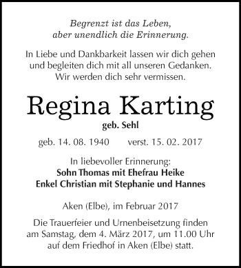 Traueranzeige von Regina Karting von WVG - Wochenspiegel Dessau / Köthen
